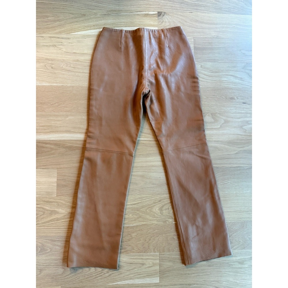 DKNY Genuine Leather Pants Cognac Camel Straight Leg Sz 14 Fits 10-12 Y2K